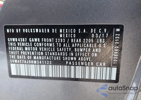 2017 Volkswagen Jetta Gli from USA, damaged, VIN 3VW4T7AJ9HM341122